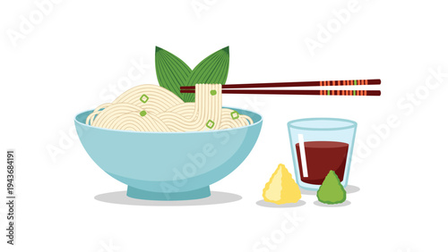 Refreshing bowl of cold somen noodles is served with dipping sauce, wasabi, and ginger in a clean Japanese style design.