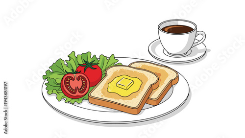 Hearty breakfast plate features buttered toast, lettuce, tomatoes, and a steaming cup of black coffee for morning themes.