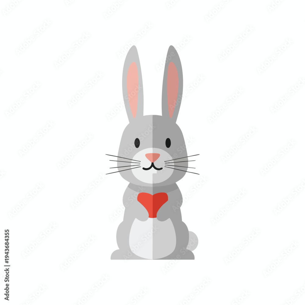 Obraz premium A flat design of a cute grey rabbit holding a red heart