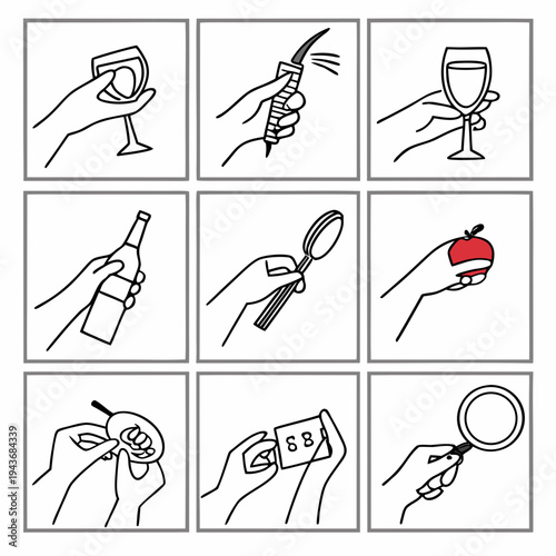 Set of line drawings showing various hand gestures and grips on everyday items such as wine glass bottle magnifying glass and apple in squares