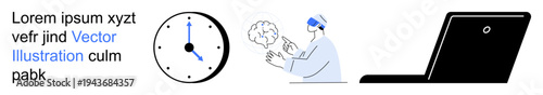 Time management, technology innovation, AI research, remote work, digital connection, productivity. A clock, scientist with data and a laptop are visible. Time management and technology innovation