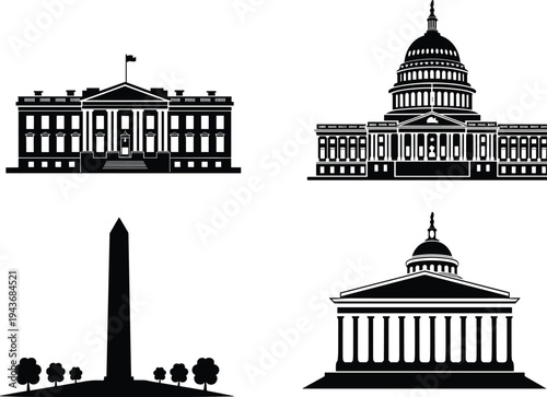 United States government landmarks silhouette set featuring White House, US Capitol, Washington Monument and Supreme Court architecture isolated vector style illustration