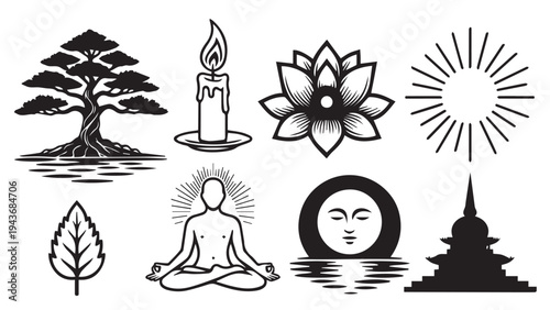 Set of 7 yoga and meditation icons vector