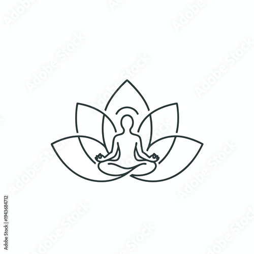 Minimalist outline of a figure meditating in lotus pose within a lotus flower