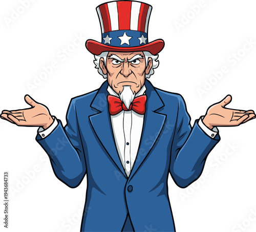 Uncle Sam Shrugging with Open Hands Expressing Confusion and Uncertainty About America