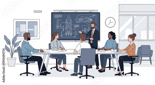 Diverse team collaborating in a modern office meeting.