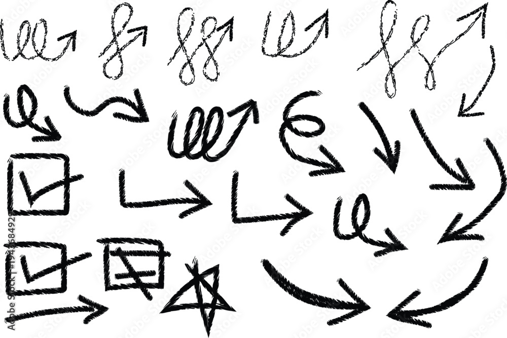Obraz premium Collection of hand-drawn scribbled arrows, varied doodle symbols, and essential checkmarks. Chalky texture adds rustic, expressive flair to creative designs