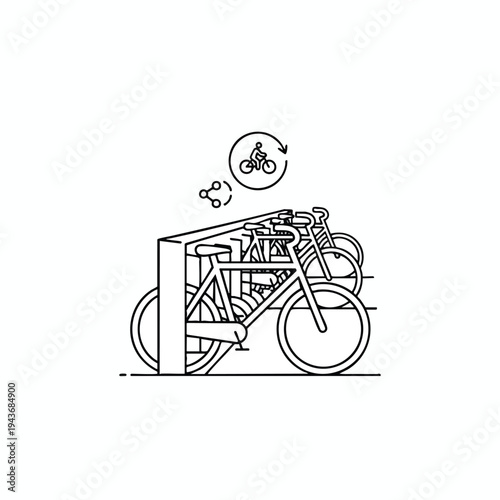 Line art of parked bicycles with cycle share icons
