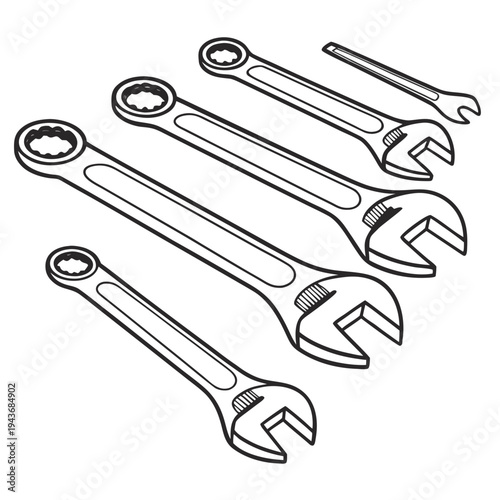 Outline drawings of five various wrenches including open end and adjustable types isolated on a clean white background in a vector format