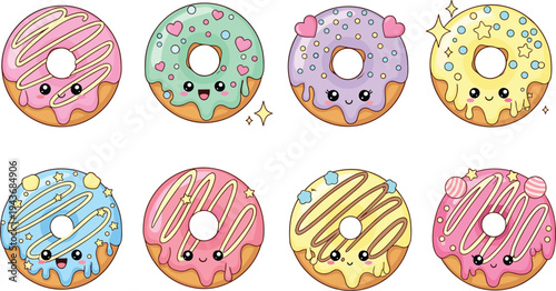 Cute kawaii donut collection with smiling faces colorful glaze sprinkles and candy toppings, playful dessert vector illustration set