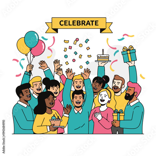 Group of people celebrating with balloons, gifts, confetti, and cake