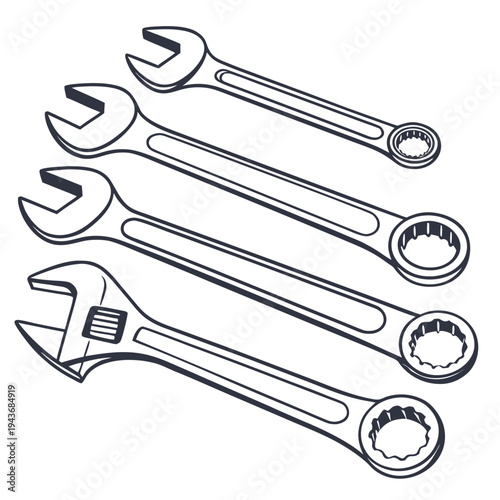 Set of four line art drawings featuring adjustable wrench and combination wrenches with different ends vector illustration on white background