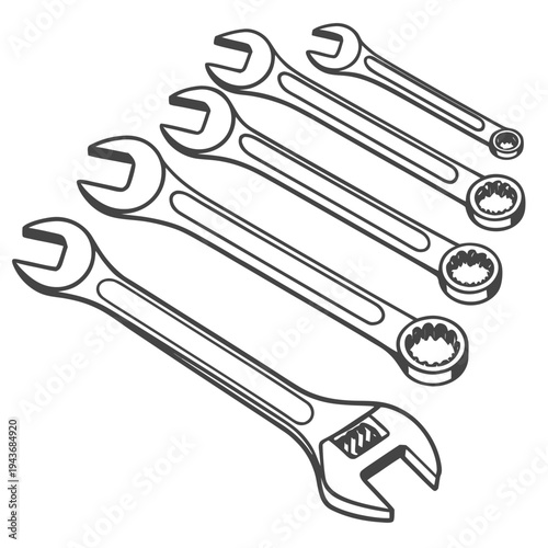 Collection of five different wrench outlines including adjustable and combination wrenches arranged diagonally on a white background vector art