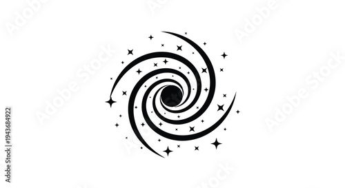 Black spiral galaxy illustration with scattered stars on a white background