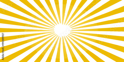 A bright summer sunburst illustration features orange and yellow sun rays beaming from a central star design to create an abstract sunny sky background filled with warm energy and light