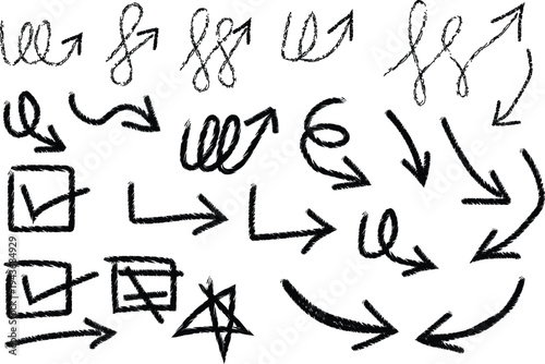 Collection of hand-drawn scribbled arrows, varied doodle symbols, and essential checkmarks. Chalky texture adds rustic, expressive flair to creative designs