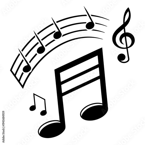 Music notes and treble clef on staff with flowing lines representing melody and rhythm symbol