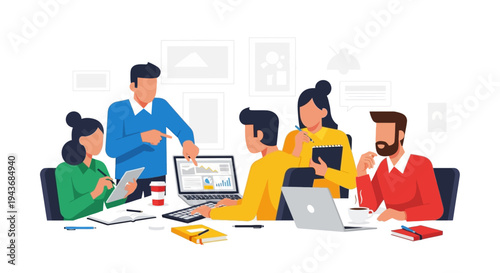 Diverse team collaborating in a modern office meeting.