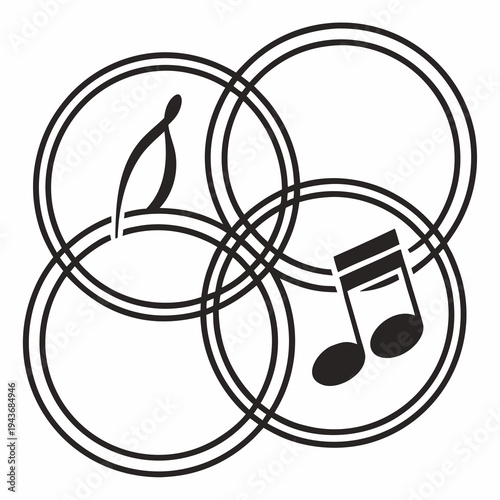 Interconnected circles with music notes and quill pen symbol representing creativity and harmony
