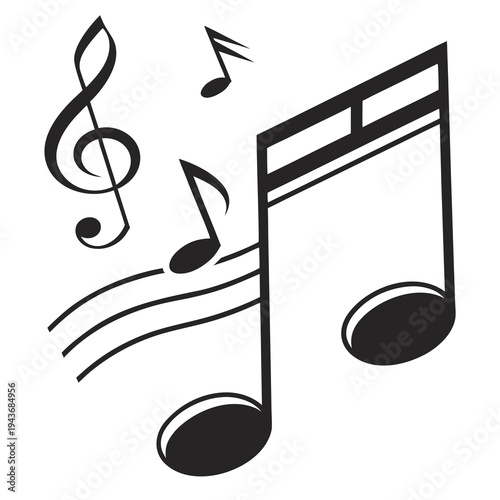 Musical notes and treble clef on staff with flowing lines representing melody and rhythm symbol