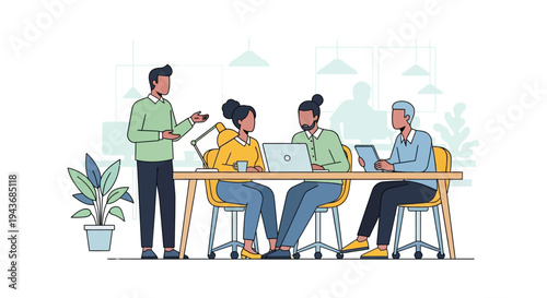 Diverse team collaborating in a modern office meeting.