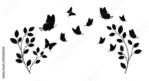 A delicate illustration of butterflies fluttering amongst leafy branches