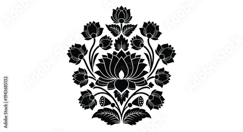Black floral arrangement depicting lotus blooms and curving foliage