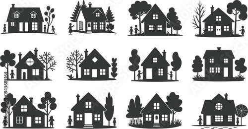 Collection of house silhouettes with trees and people, suburban homes and cottages set, residential neighborhood concept isolated on white background