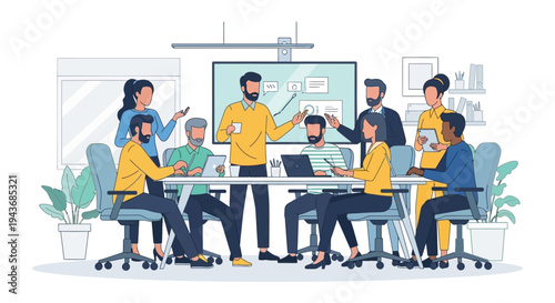 Diverse team collaborating in a modern office meeting.