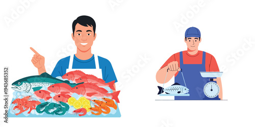 Fishmonger and fish scale with fresh seafood