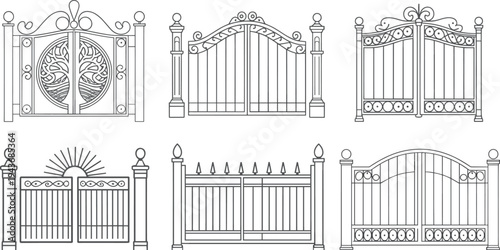 Decorative metal gate collection featuring ornamental wrought iron fence entrances with classic and modern designs isolated vector illustration