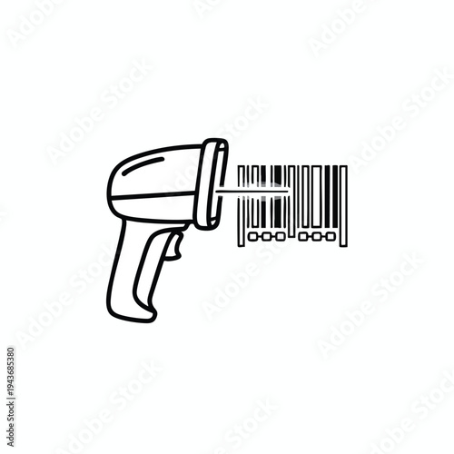 A black outline drawing of a barcode scanner reading a barcode
