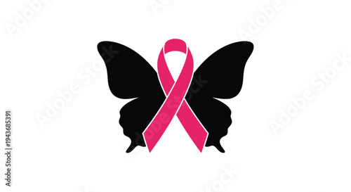 A black butterfly silhouette with a vibrant pink ribbon symbolizing hope