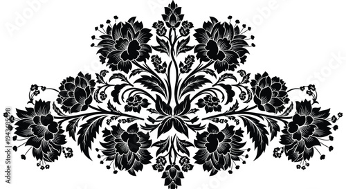 Intricate floral arrangement in black and white symmetrical design