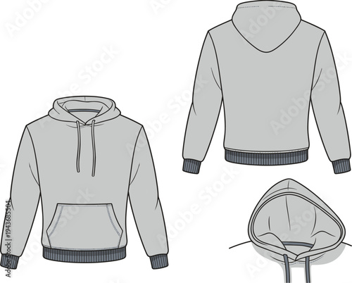 Hoodie sweatshirt technical drawing with front back and hood detail casual clothing apparel design template vector illustration