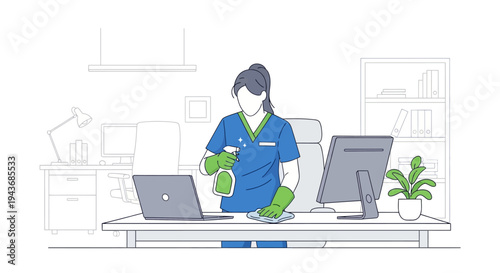 Woman cleaning office desk with spray bottle and cloth.