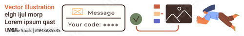 Online security, user interaction, code verification, email authentication, secure messaging, digital services. Verification code field, message icon abstract user figure. Online security and code