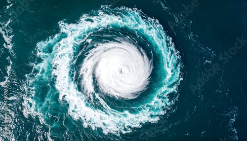 Breathtaking top down aerial view of a massive terrifying circular whirlpool in the deep blue ocean.