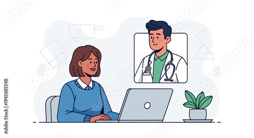 Woman consults doctor online via video call on laptop.