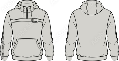 Hoodie sweatshirt technical fashion drawing with chest strap detail and front pocket casual clothing design template vector illustration