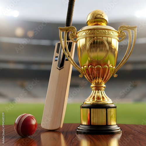 A golden trophy cup with cricket bat and ball