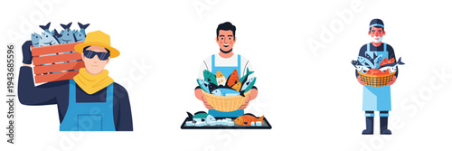 Fishermen with fish baskets and crates