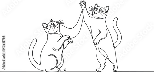 Continuous line drawing of two playful cats standing on hind legs and reaching out for high five, vector illustration