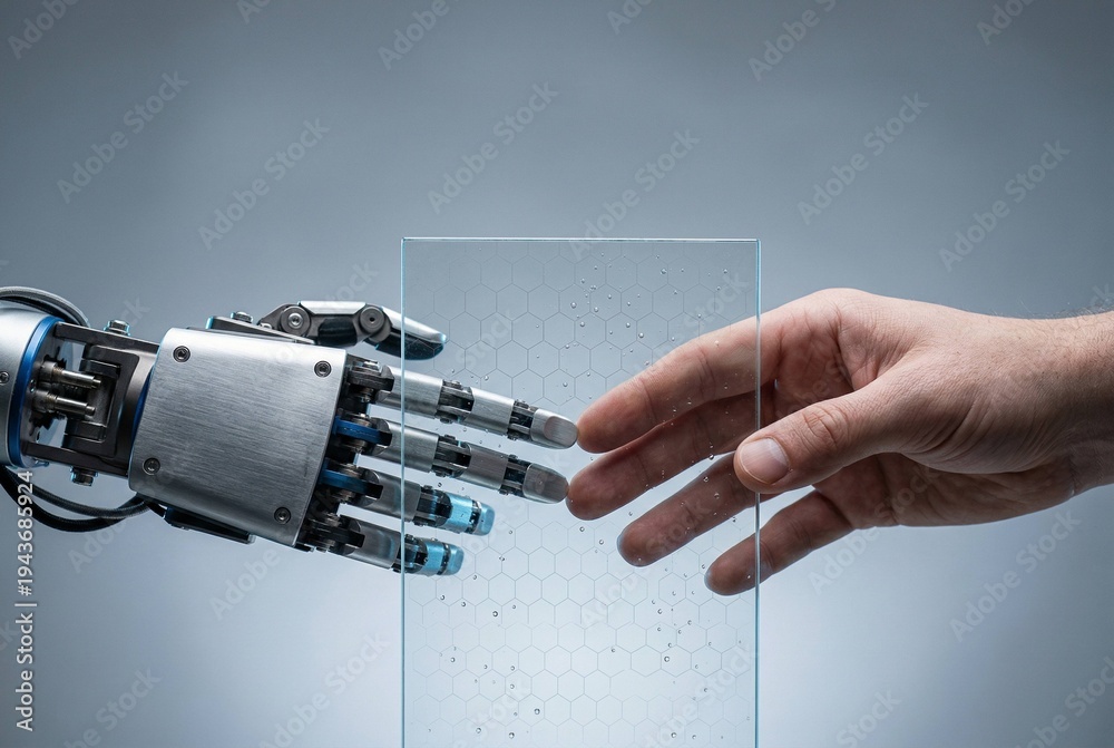 Fototapeta premium A high-end conceptual image showing a human hand and a robotic hand meeting in a careful handshake separated by a thin transparent barrier with a hexagonal privacy pattern and water droplets