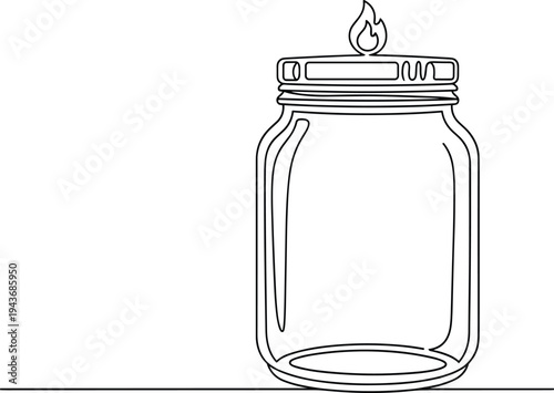 Continuous line drawing, glass jar with burning candle flame, minimalist vector art, mason jar candle, line art illustration, isolated on white background, simple hand drawn sketch