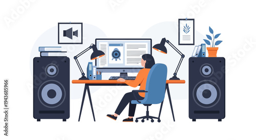 Woman working at computer with large speakers.