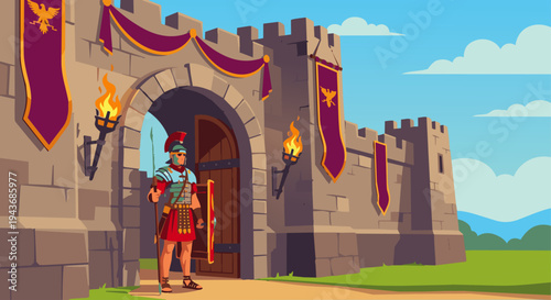 Roman Soldier Guarding Fortress

Flat vector illustration of a Roman soldier standing guard at the entrance of a Roman fort. Stone walls, banners, and torches visible. 