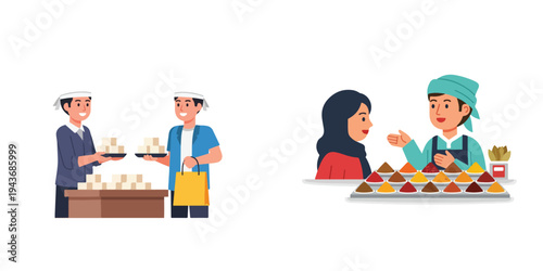 Middle Eastern food market scene with people