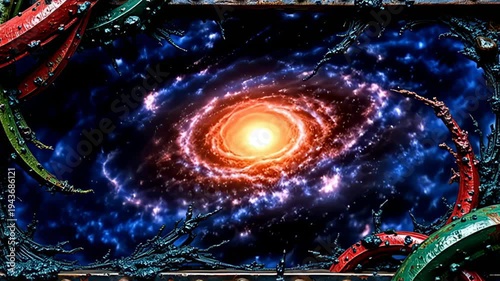 On a wholly black canvas, a Metallic industrial Border Frame forged in dark steel displays its rugged essence while being enveloped in dynamic spirals of jewel-toned colors, which wrap