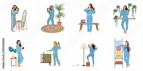 A collection of illustrations featuring women in blue loungewear brushing their hair in various cozy home settings, showcasing daily self-care and morning routines.